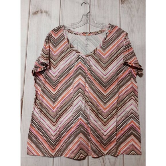 St Johns Bay Womens Brown Pink Chevron Print Short Sleeve Top Plus Size - Picture 1 of 7